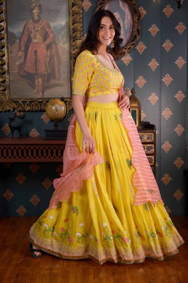 Jashan Foil Printed Cotton Silk Lemon Yellow Lehenga Set