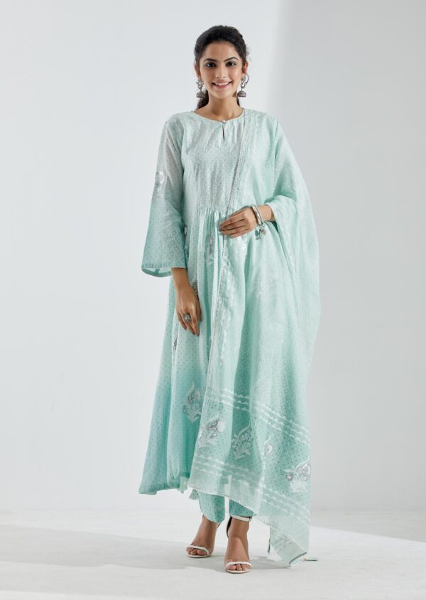 Nargis Aqua Ombre 3Pcs Gathered Yoke Kurta Set