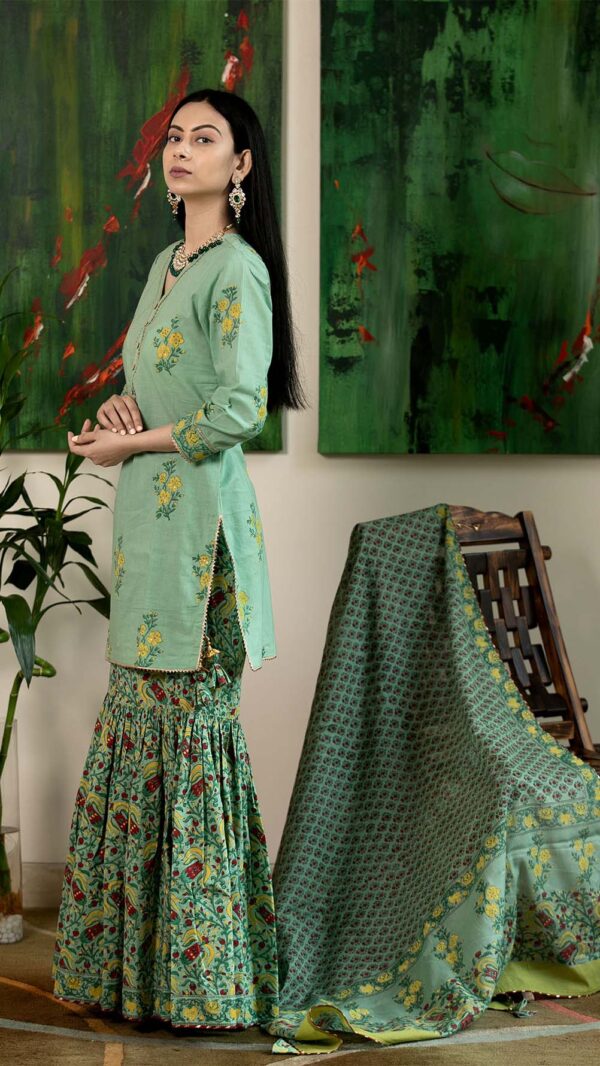 Masakali Green Hand Block Printed Garara with Gotta Lace Work