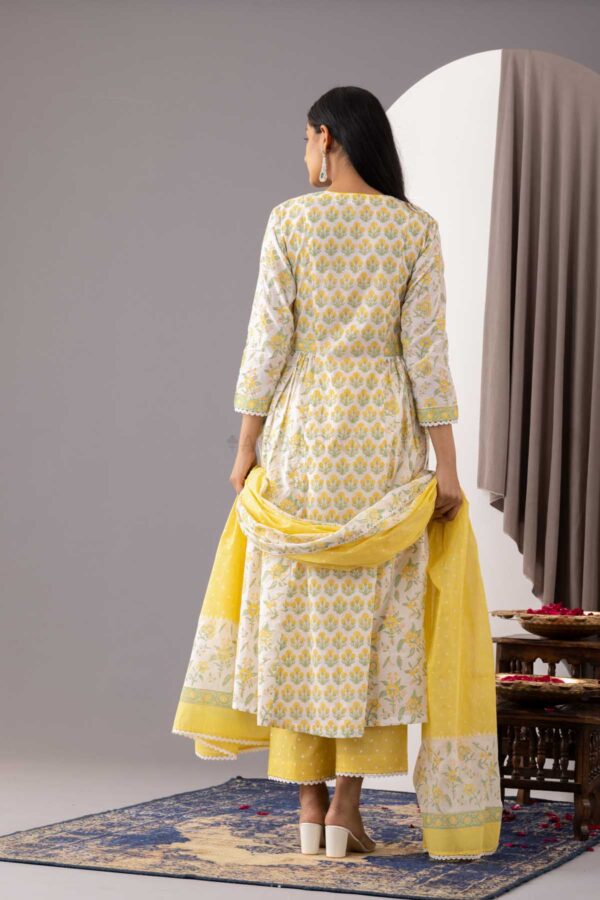 PHAGUN IVORY BLOCK PRINTED COTTON CAMBRIC A-LINE KURTA WITH YELLOW PLAZZO SET OF 3