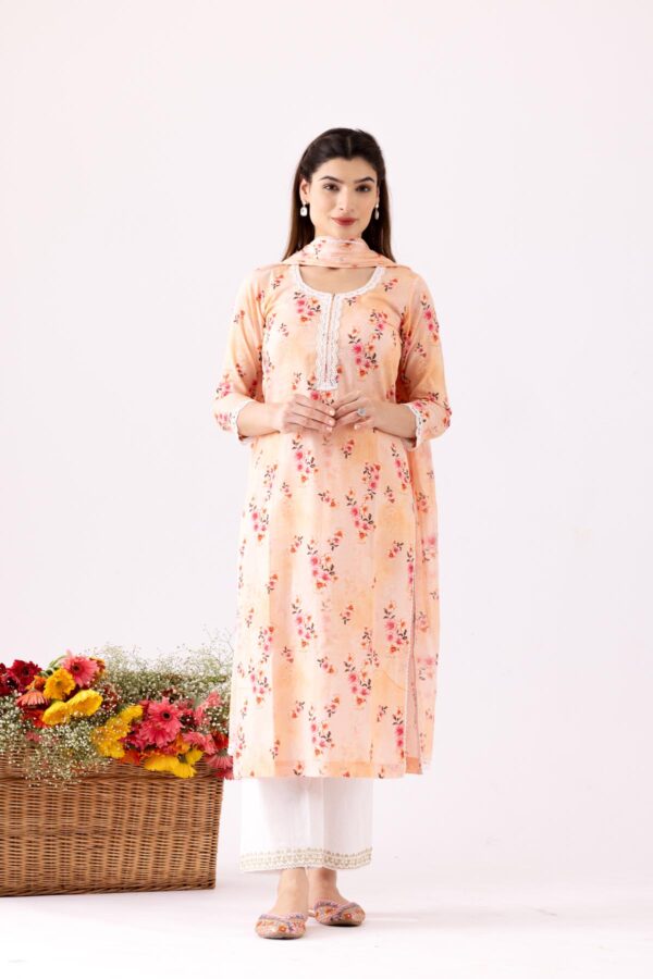 GULMEHER PEACH DIGITAL PRINT COTTON STRAIGHT KURTA WITH PLAZZO SET OF 3