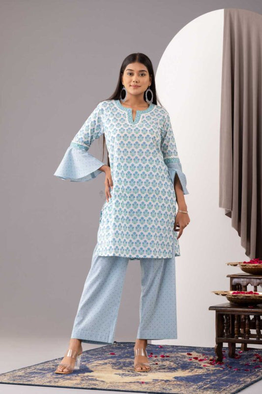 PHAGUN POWDER BLUE BLOCK PRINTED COTTON CAMBRIC STRAIGHT KURTA WITH PLAZZO SET OF 2