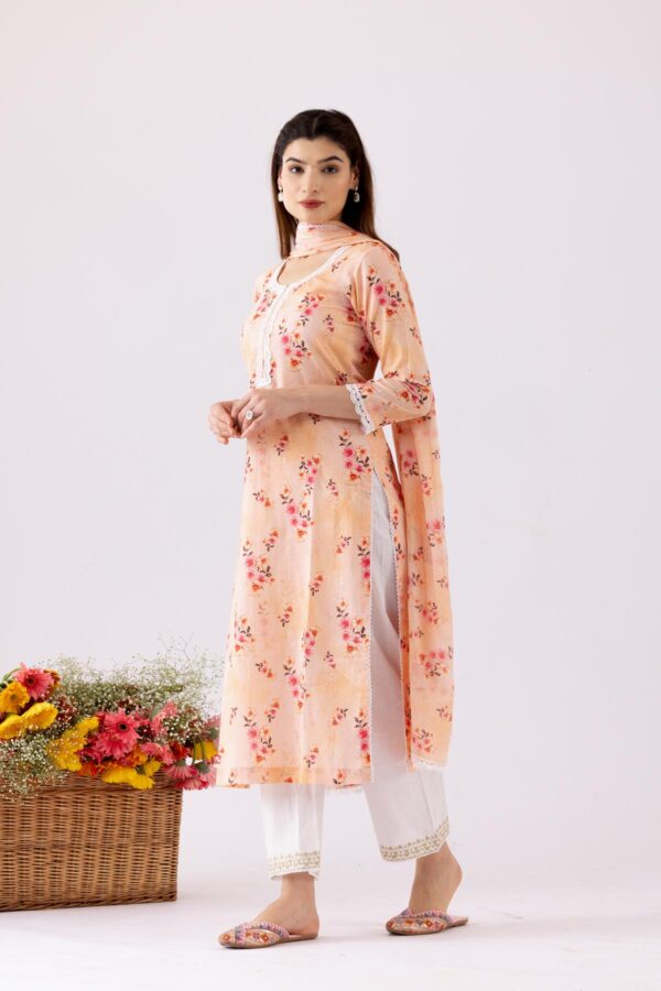 GULMEHER PEACH DIGITAL PRINT COTTON STRAIGHT KURTA WITH PLAZZO SET OF 3