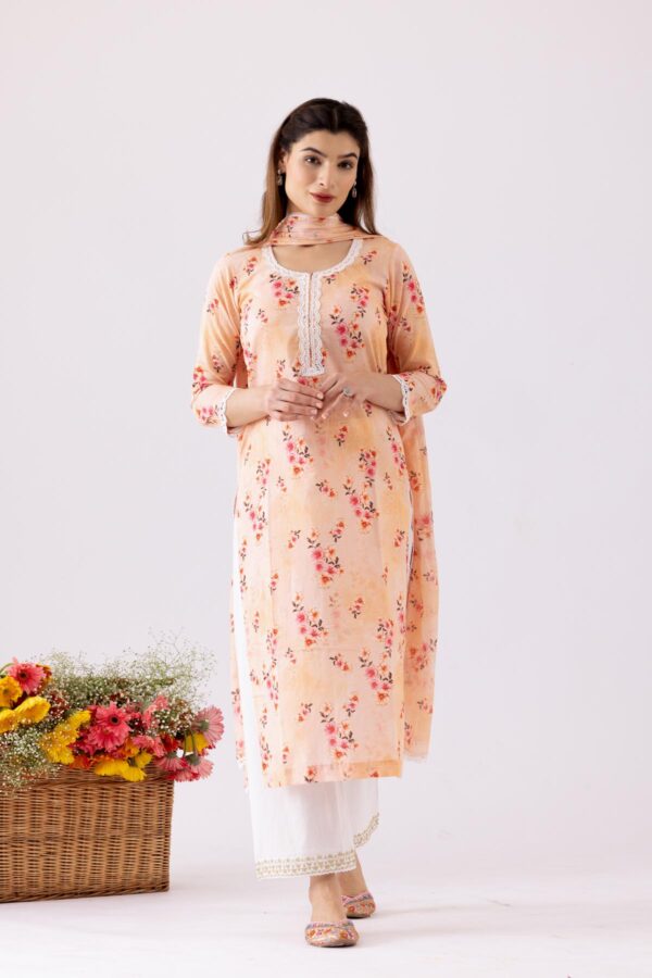 GULMEHER PEACH DIGITAL PRINT COTTON STRAIGHT KURTA WITH PLAZZO SET OF 3