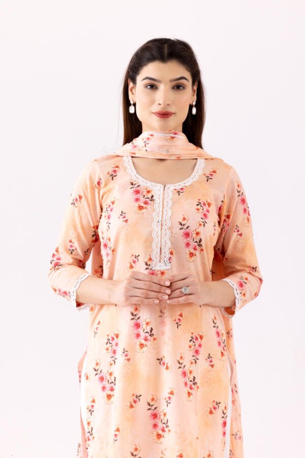 GULMEHER PEACH DIGITAL PRINT COTTON STRAIGHT KURTA WITH PLAZZO SET OF 3