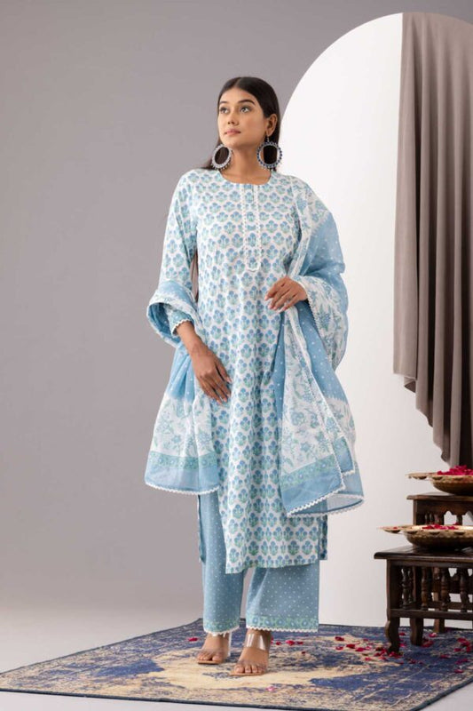 PHAGUN POWDER BLUE BLOCK PRINTED COTTON CAMBRIC STRAIGHT KURTA WITH PLAZZO SET OF 3