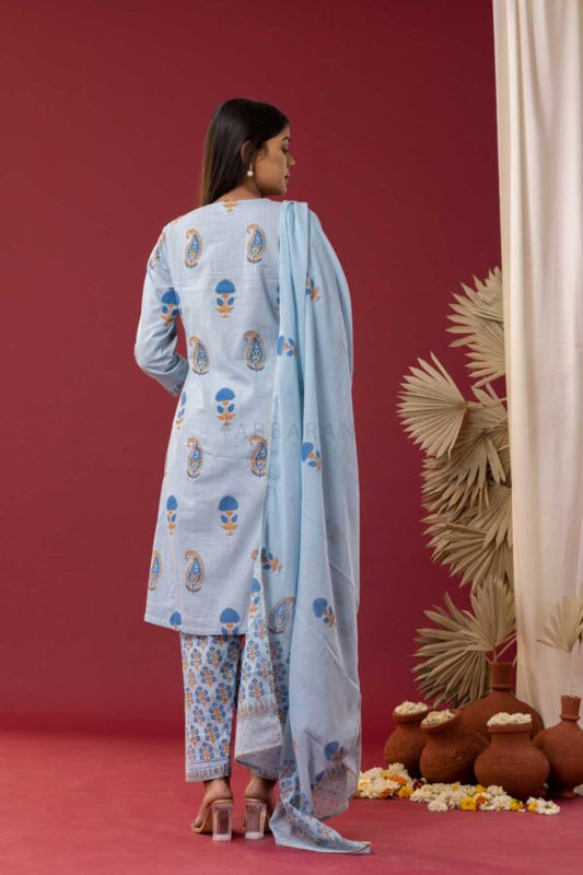 PHAGUN POWDER BLUE BLOCK PRINTED PINTUCK COTTON CAMBRIC KURTA WITH SALWAR SET OF 3