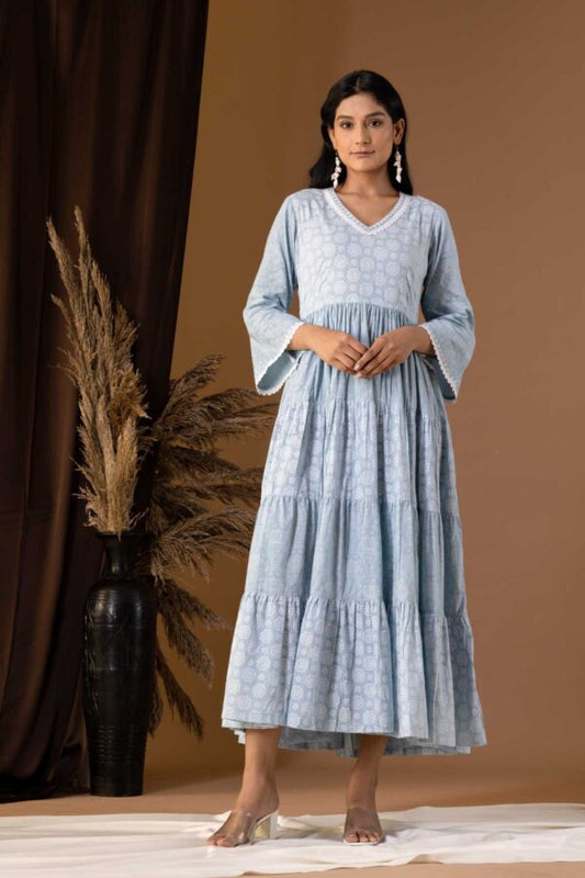 PHAGUN POWDER BLUE KHADI PRINTED COTTON CAMBRIC DRESS