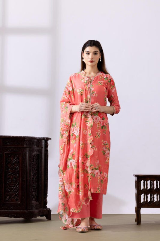 GULMEHER PINK DIGITAL PRINT CHANDARY STRAIGHT KURTA WITH PLAZZO SET OF 3