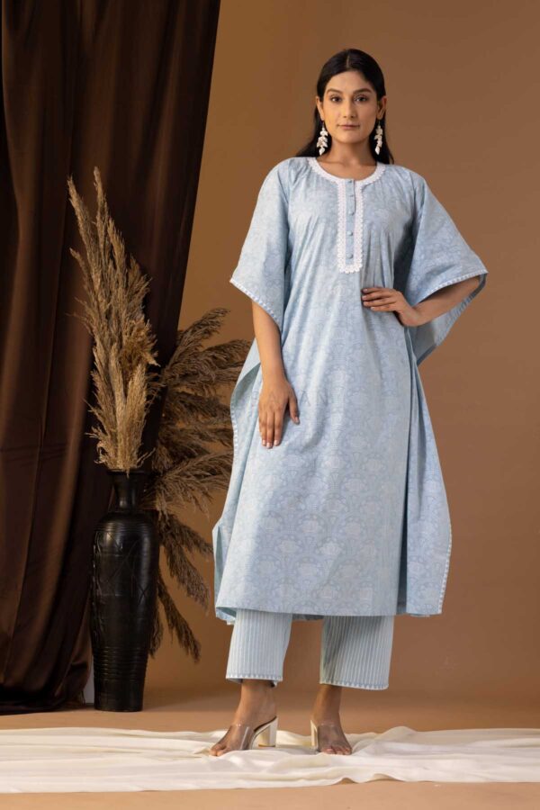 PHAGUN POWDER BLUE KHADI PRINTED COTTON CAMBRIC KAFTAN WITH PLAZZO SET OF 2