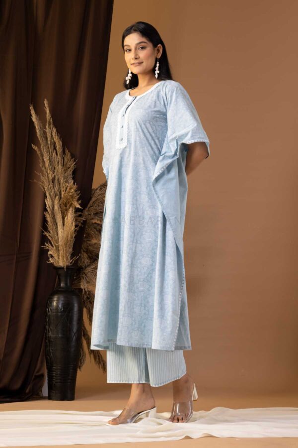 PHAGUN POWDER BLUE KHADI PRINTED COTTON CAMBRIC KAFTAN WITH PLAZZO SET OF 2