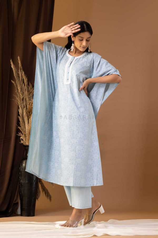 PHAGUN POWDER BLUE KHADI PRINTED COTTON CAMBRIC KAFTAN WITH PLAZZO SET OF 2