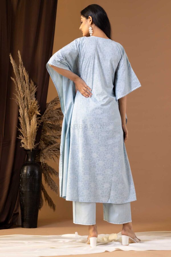 PHAGUN POWDER BLUE KHADI PRINTED COTTON CAMBRIC KAFTAN WITH PLAZZO SET OF 2