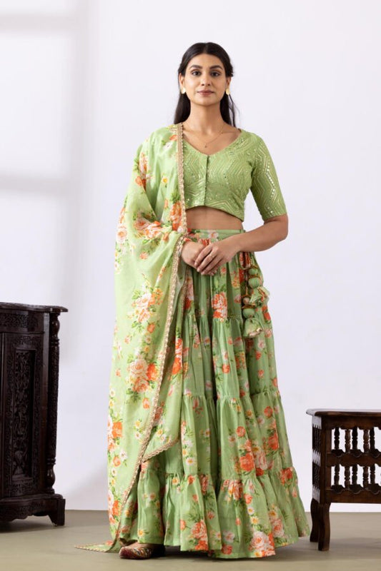 GULMEHER PISTA GREEN DIGITAL PRINT CHANDARY LEHENGA SET OF 3