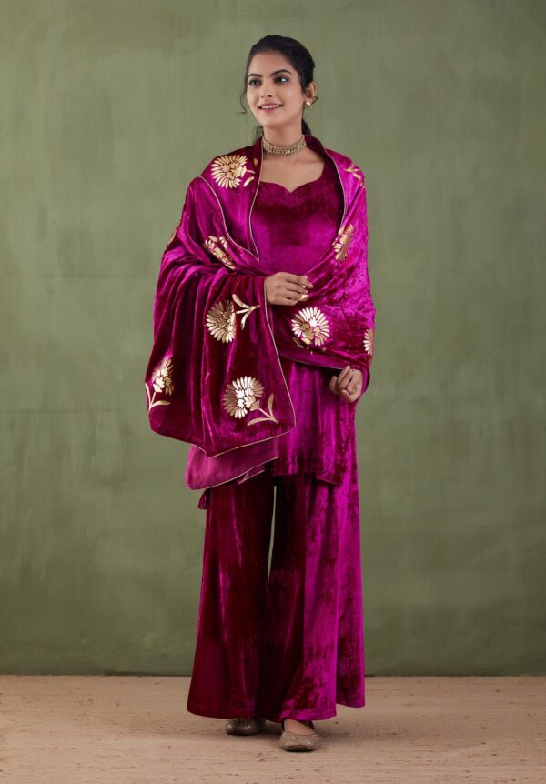 Sunehri Foil-Velvet Short Kurta and Sarara With Foil Printed Velvet Shawl