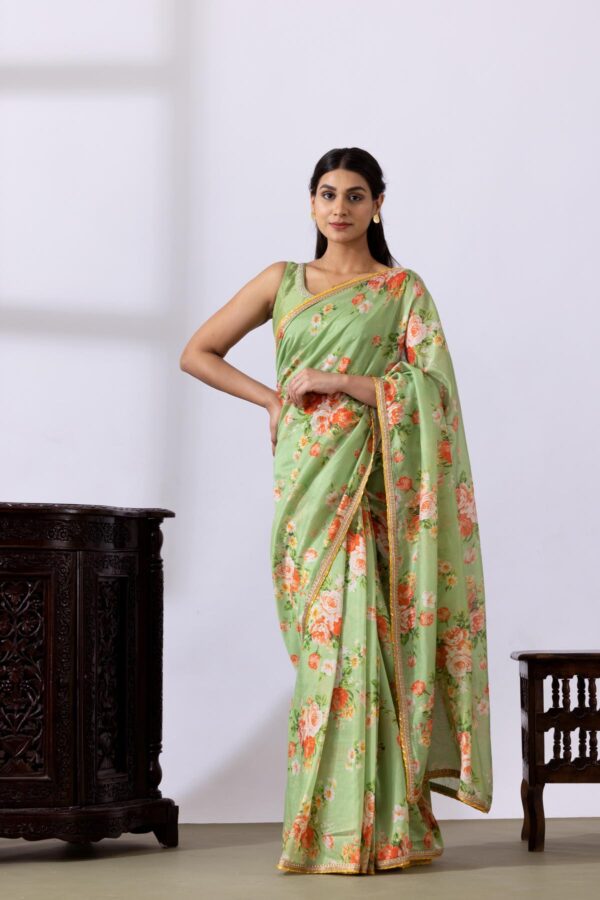 GULMEHER PISTA GREEN DIGITAL PRINT CHANDARY READY TO WEARE SAREE SET OF 2