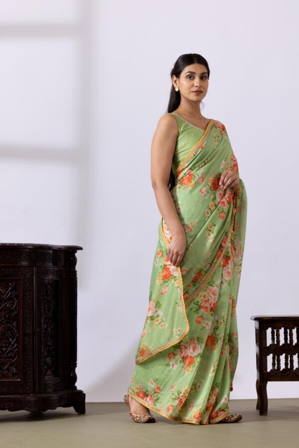 GULMEHER PISTA GREEN DIGITAL PRINT CHANDARY READY TO WEARE SAREE SET OF 2