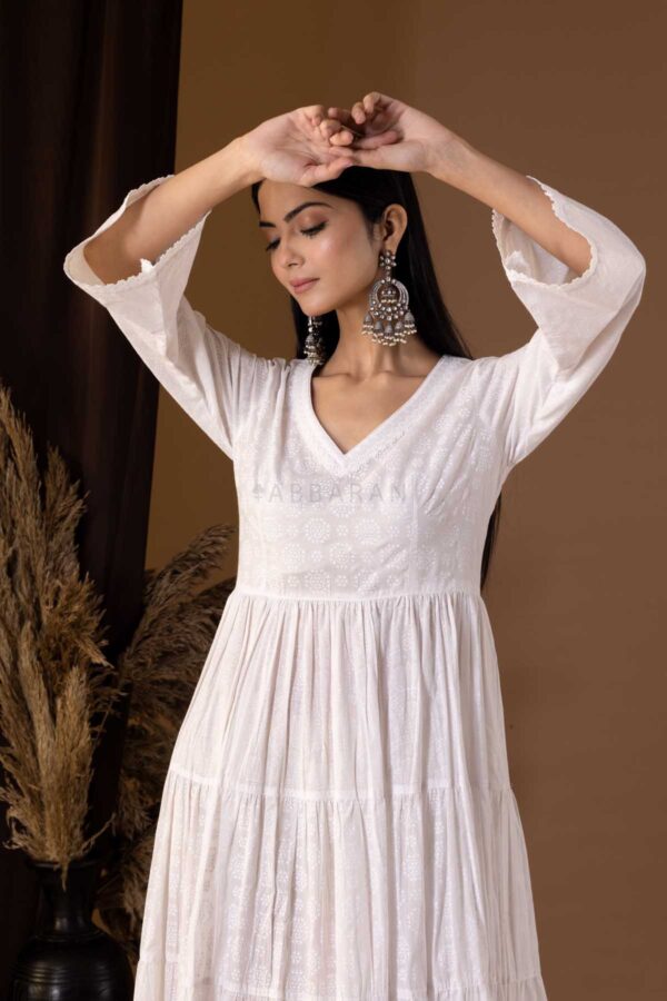 PHAGUN WHITE KHADI PRINTED COTTON CAMBRIC DRESS