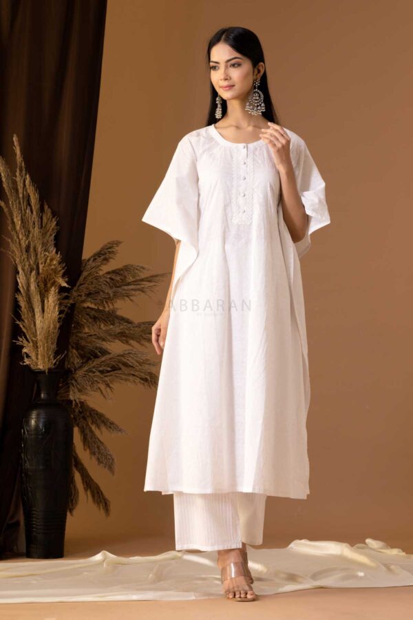 PHAGUN WHITE KHADI PRINTED COTTON CAMBRIC KAFTAN WITH PLAZZO SET OF 2