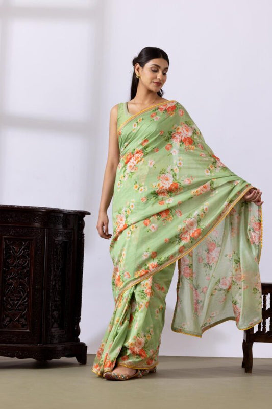 GULMEHER PISTA GREEN DIGITAL PRINT CHANDARY READY TO WEARE SAREE SET OF 2