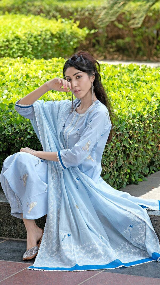 Bahar Ice BlueHand Block Printed Kurta with Gotta Lace Work and Harem Pant