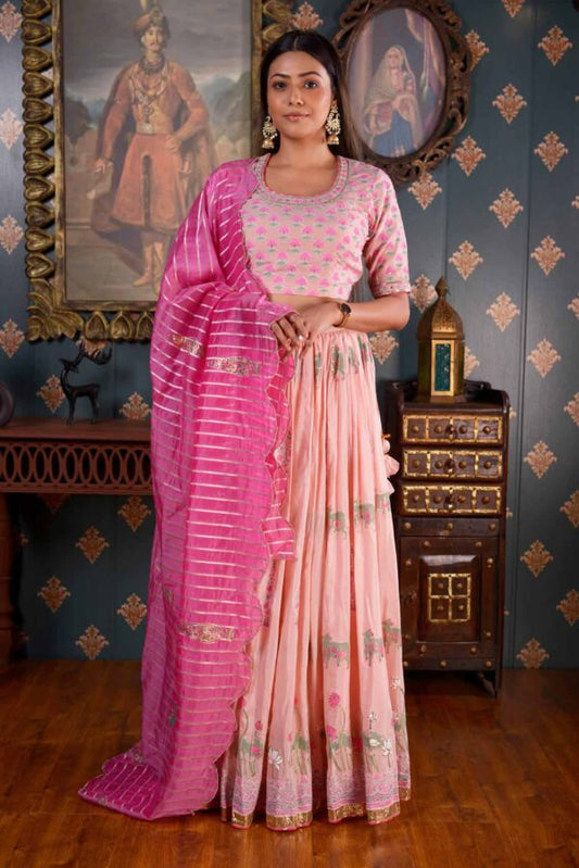 Jashan Foil Printed Cotton Silk Pink Lehenga Set