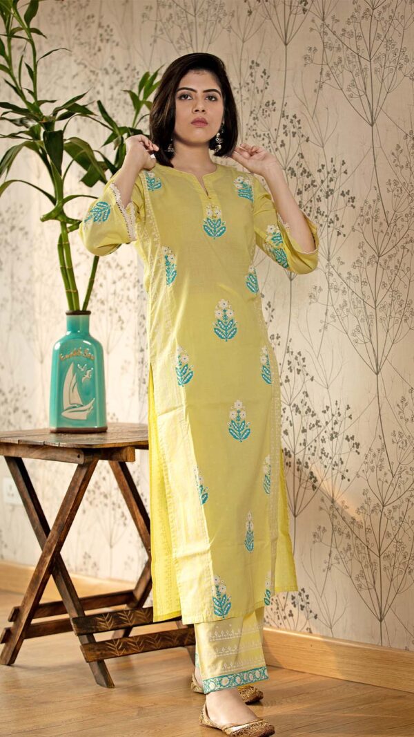 Ruh Lemon Hand Block Printed Straight Kurta Pottli Neck with Lace Finish