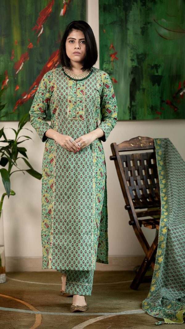 Masakali Green Hand Block Printed Straight Kurta with Gotta Lace Work