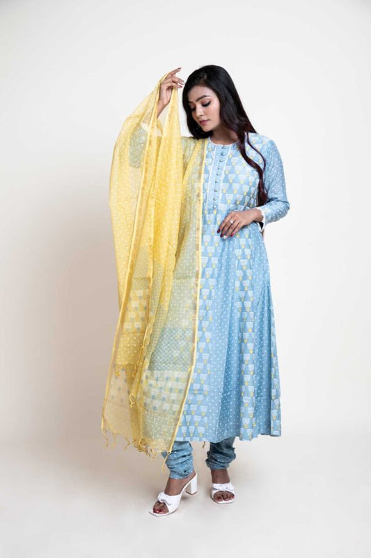 Block Printed Anarkali With Printed Chudidar and Kota Block Printed Contrast Dupatta