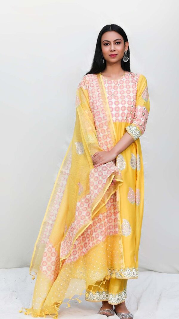 SILK AFFAIR MUSTERED YELLOW ANARKALI SUIT