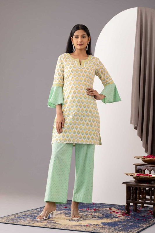 PHAGUN IVORY BLOCK PRINTED COTTON CAMBRIC STRAIGHT KURTA WITH MINT GREEN PLAZZO SET OF 2