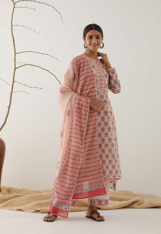 Gulal Light Pink Handblock Printed Salwar Kurta with Lace Finish