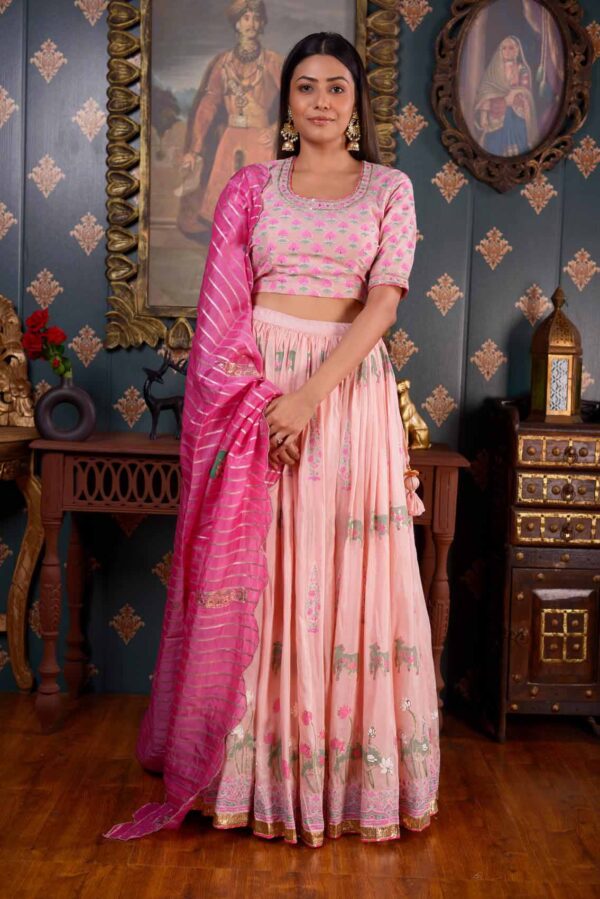 Jashan Foil Printed Cotton Silk Pink Lehenga Set