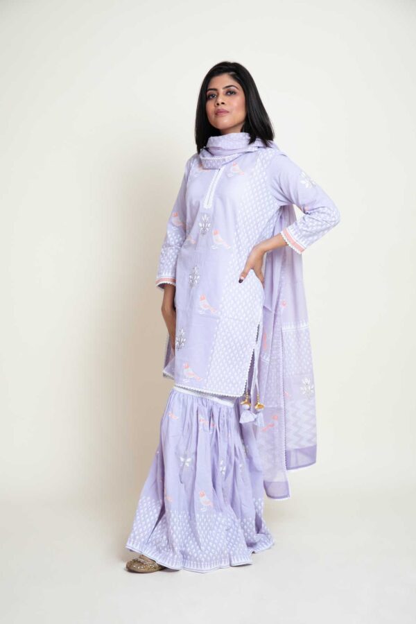 Bird Foil Printed Kurta With Lace Finish. Abstract Print Garara and Mulmul Dupatta With Lace Finish