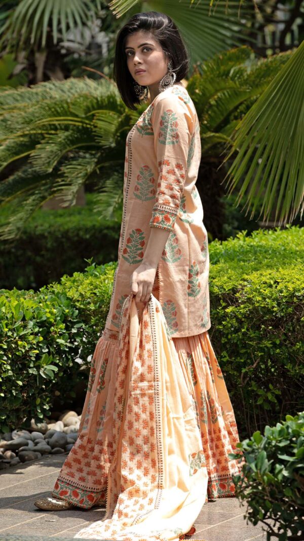 Bahar Orange Hand Block Printed Short Kurta Garara with Gotta Lace Work