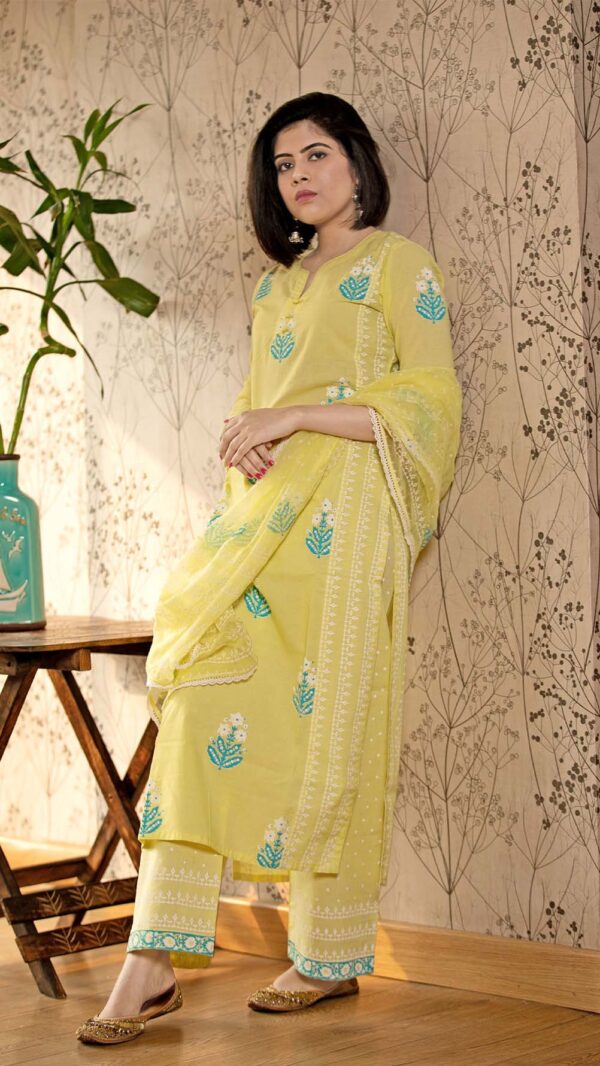 Ruh Lemon Hand Block Printed Straight Kurta Pottli Neck with Lace Finish