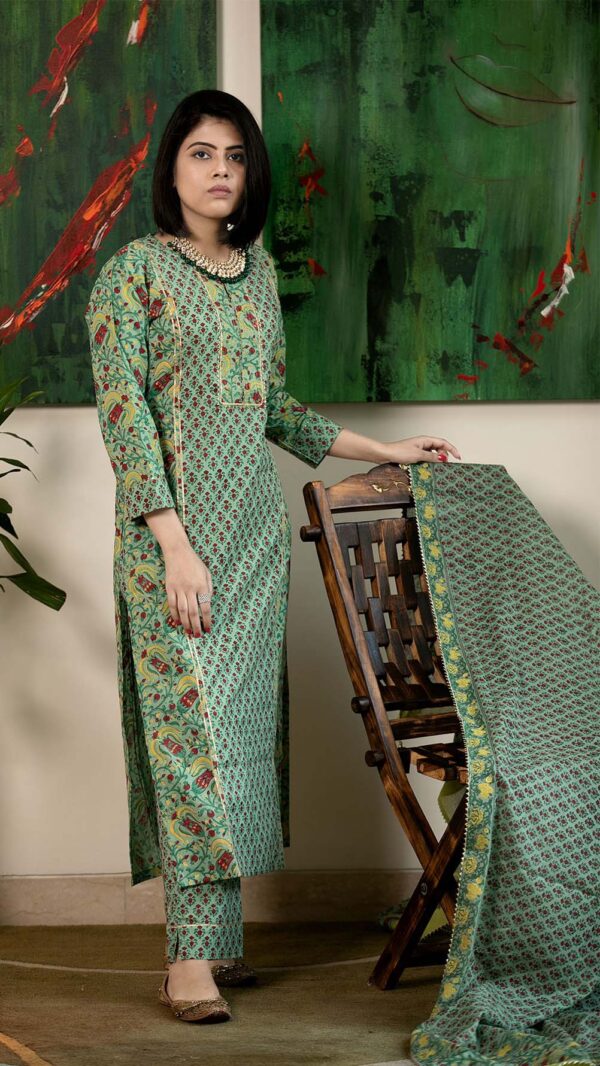 Masakali Green Hand Block Printed Straight Kurta with Gotta Lace Work