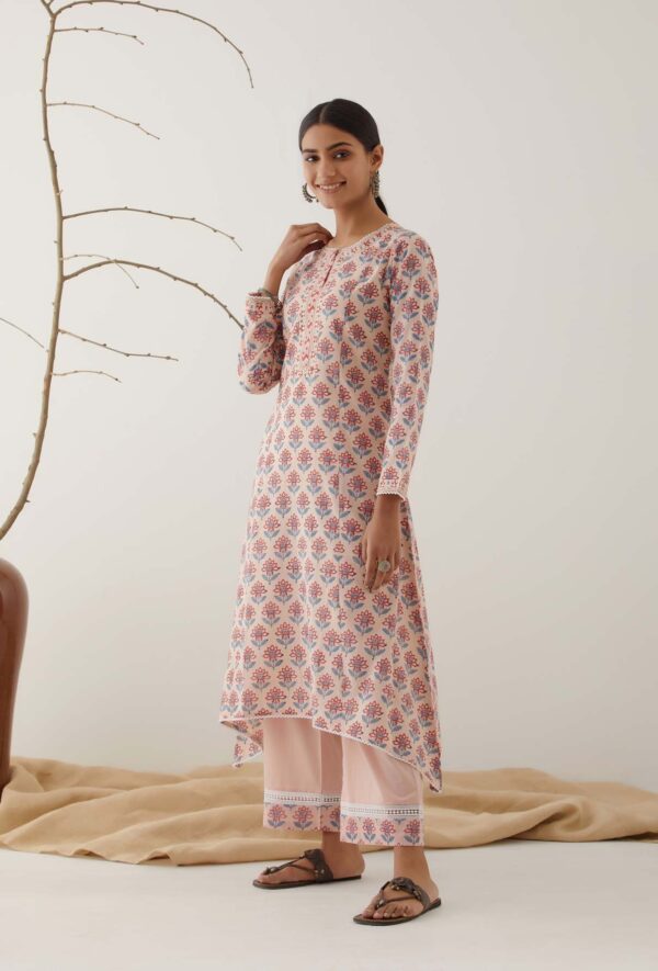 Gulal Light Pink Handblock Printed Salwar Kurta with Lace Finish