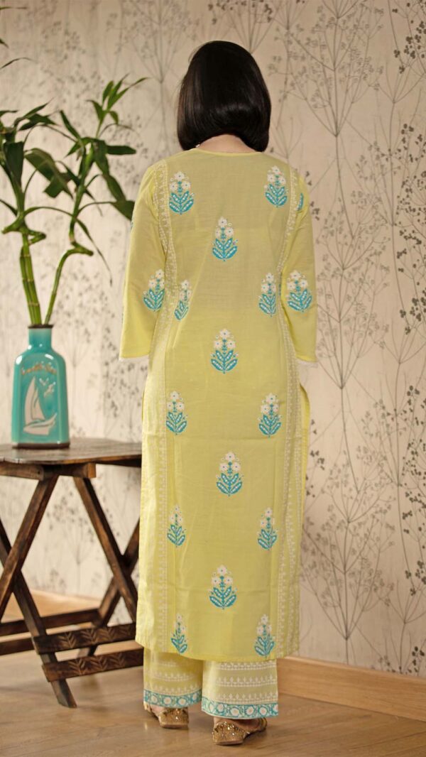 Ruh Lemon Hand Block Printed Straight Kurta Pottli Neck with Lace Finish