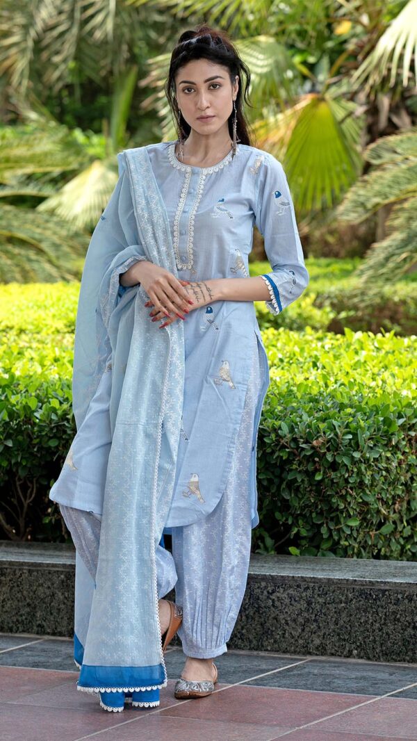 Bahar Ice BlueHand Block Printed Kurta with Gotta Lace Work and Harem Pant