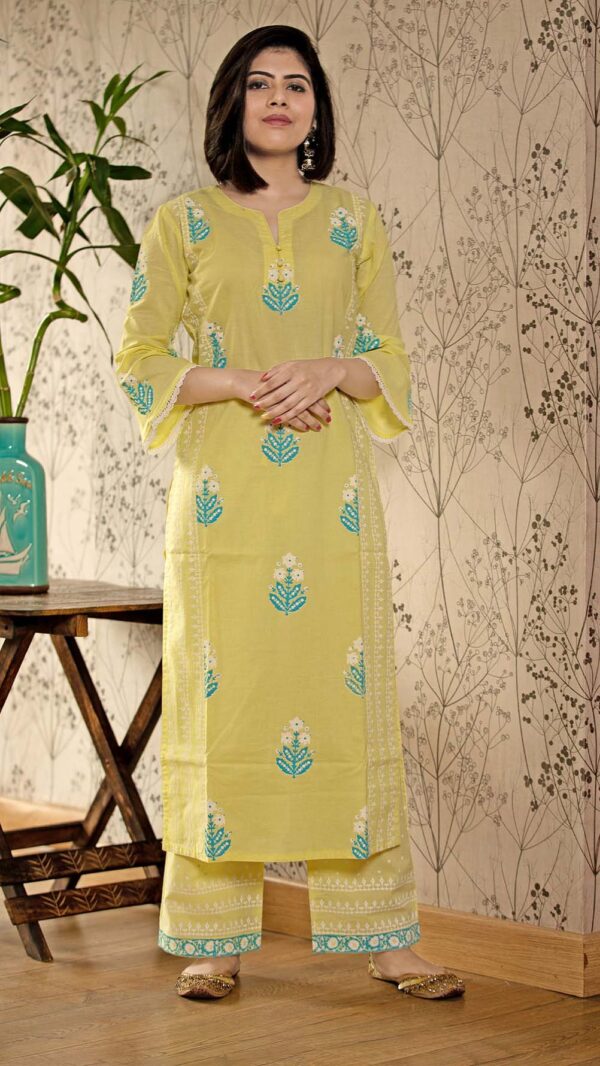 Ruh Lemon Hand Block Printed Straight Kurta Pottli Neck with Lace Finish