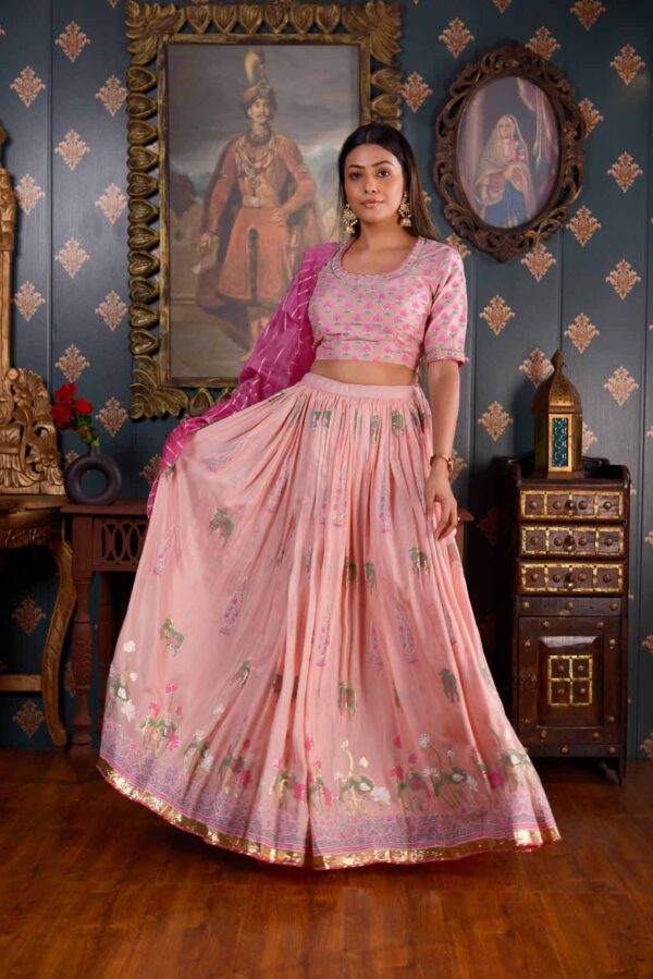 Jashan Foil Printed Cotton Silk Pink Lehenga Set