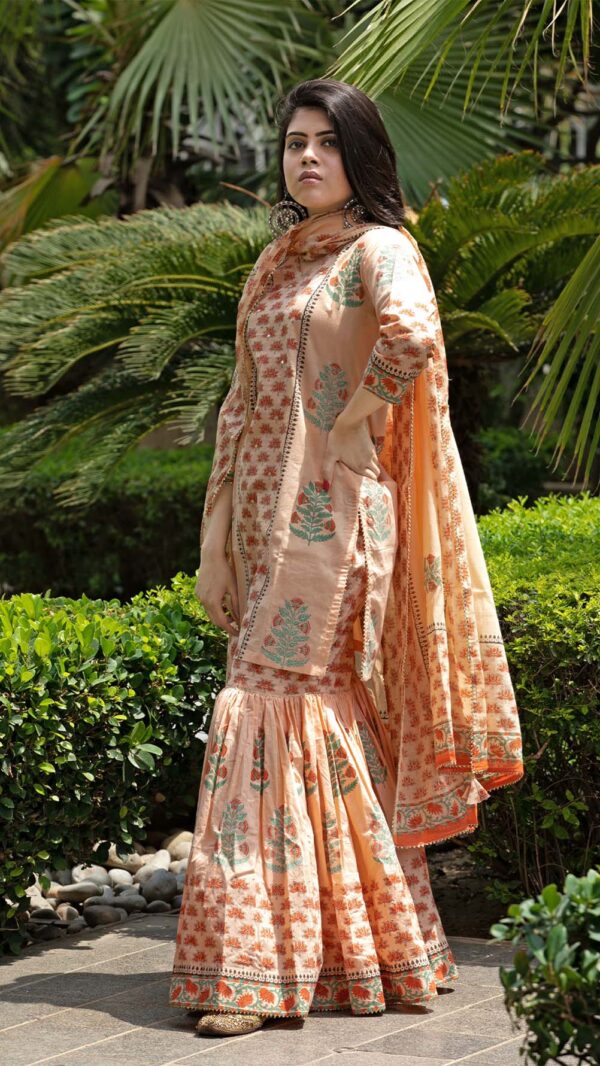 Bahar Orange Hand Block Printed Short Kurta Garara with Gotta Lace Work