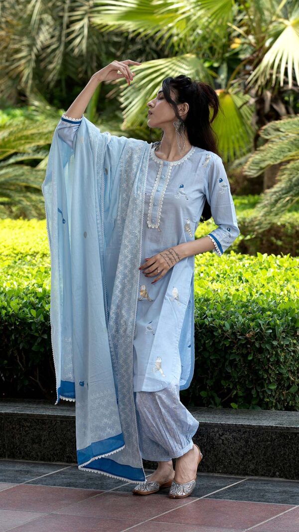 Bahar Ice BlueHand Block Printed Kurta with Gotta Lace Work and Harem Pant