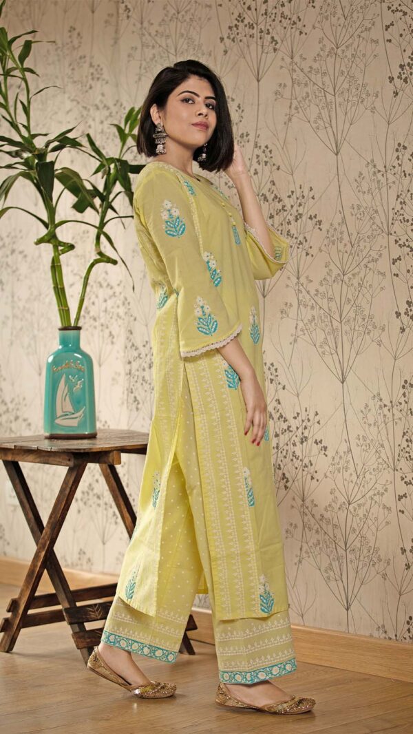 Ruh Lemon Hand Block Printed Straight Kurta Pottli Neck with Lace Finish