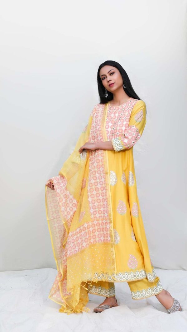 SILK AFFAIR MUSTERED YELLOW ANARKALI SUIT