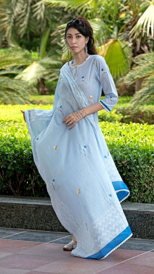 Bahar Ice BlueHand Block Printed Kurta with Gotta Lace Work and Harem Pant