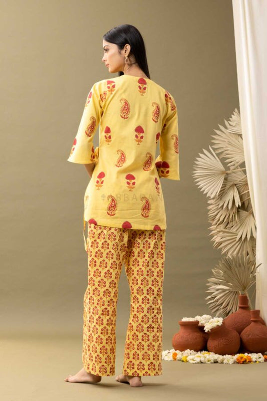 PHAGUN YELLOW BLOCK PRINTED COTTON CAMBRIC ANGRAKHA KURTA WITH PANT SET OF 2