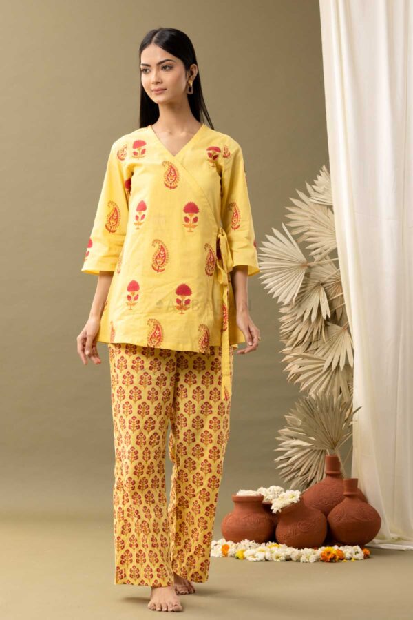 PHAGUN YELLOW BLOCK PRINTED COTTON CAMBRIC ANGRAKHA KURTA WITH PANT SET OF 2