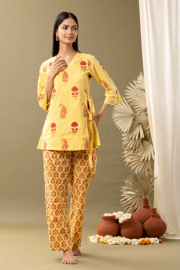 PHAGUN YELLOW BLOCK PRINTED COTTON CAMBRIC ANGRAKHA KURTA WITH PANT SET OF 2